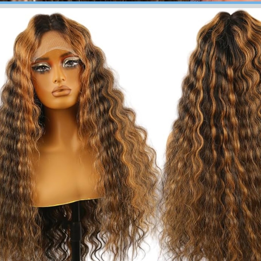 28 Inch 1B/30 Highlight Ombre Deep Wave Lace Front Wig 
Synthetic blend